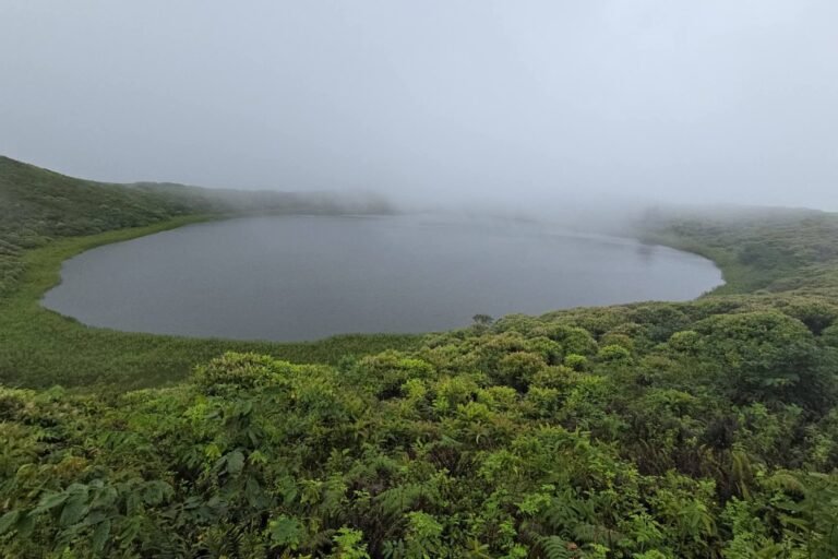 The El Junco crater lagoon surrounded by green forest