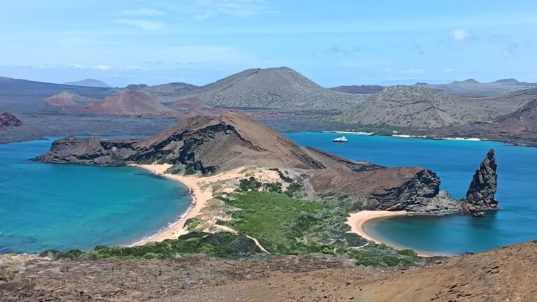 Bartolome seen from the summit trail, with both beaches and Pinnacle Rock